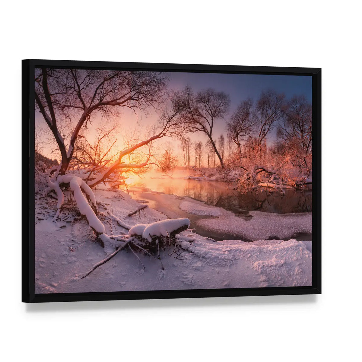 Frozen River at Sunset Canvas Wall Art, framed canvas in a black floater frame, angled product view