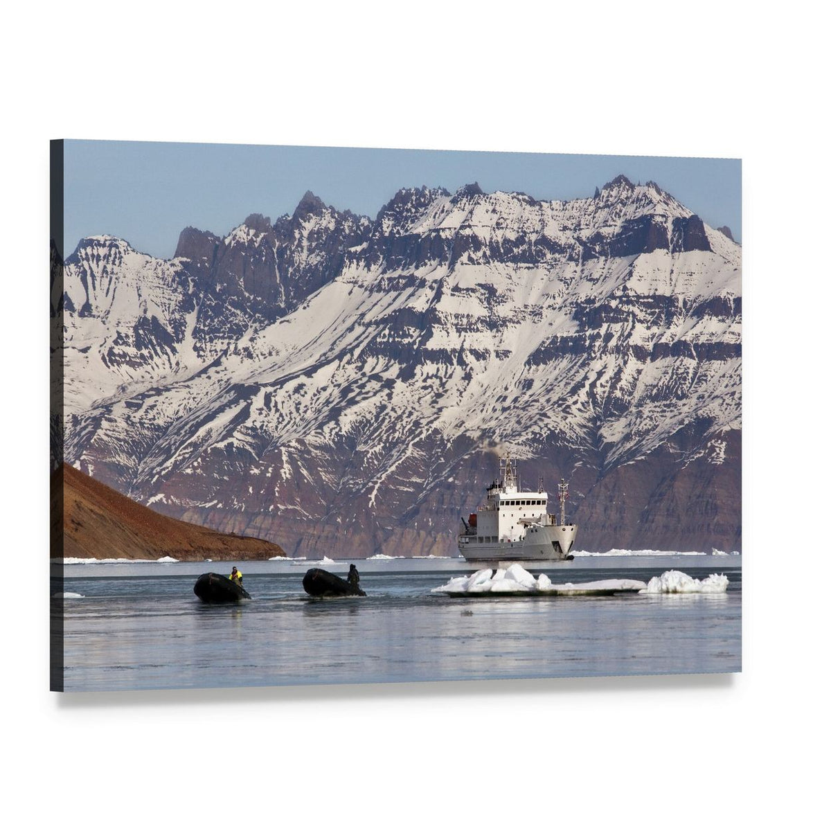 Icebreaker with Whales and Icebergs Canvas Wall Art, single panel gallery wrapped canvas, angled product view