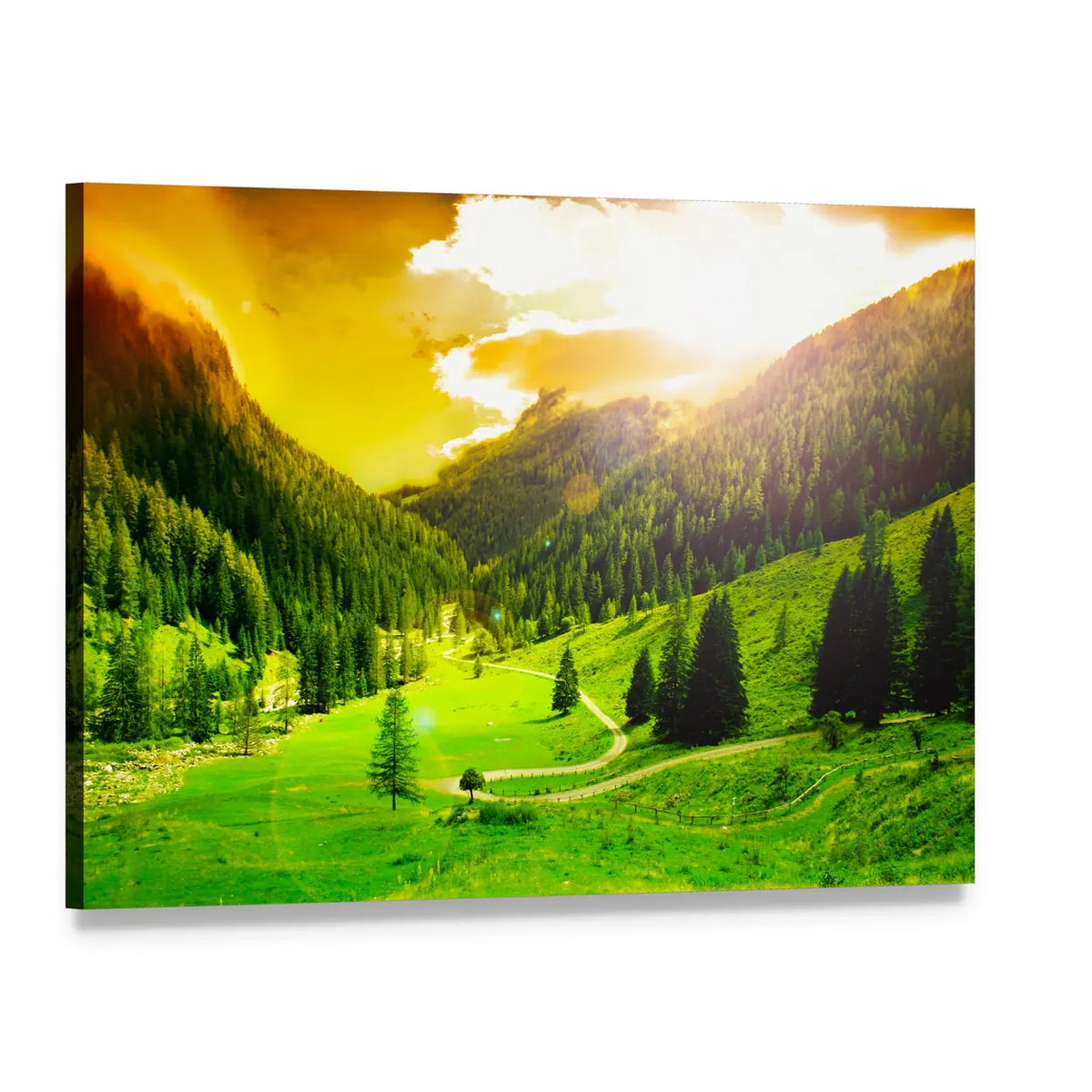 Mountain Valley at Golden Sunrise Canvas Wall Art, single panel gallery wrapped canvas, angled product view
