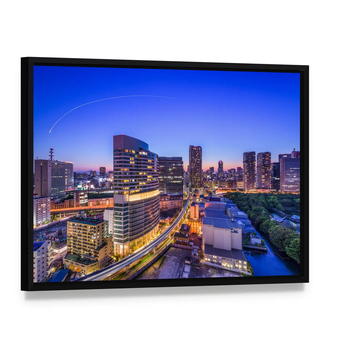 Tokyo Cityscape In Japan Canvas Wall Art, framed canvas in a black floater frame, angled product view