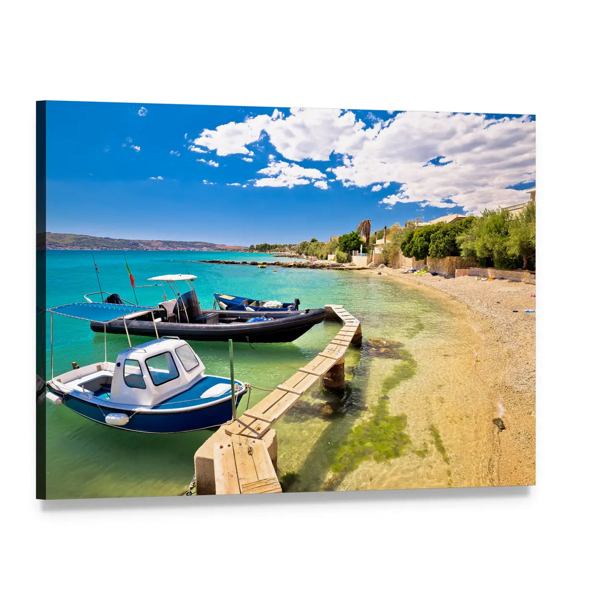 Boats on Turquoise Beach Canvas Wall Art, single panel gallery wrapped canvas, angled product view