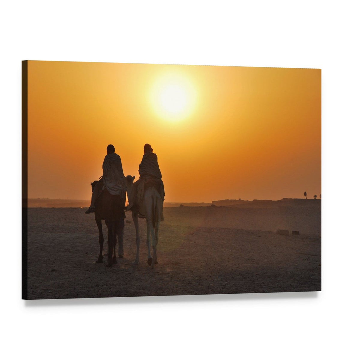 Two Camels at Desert Sunset Canvas Wall Art, single panel gallery wrapped canvas, angled product view