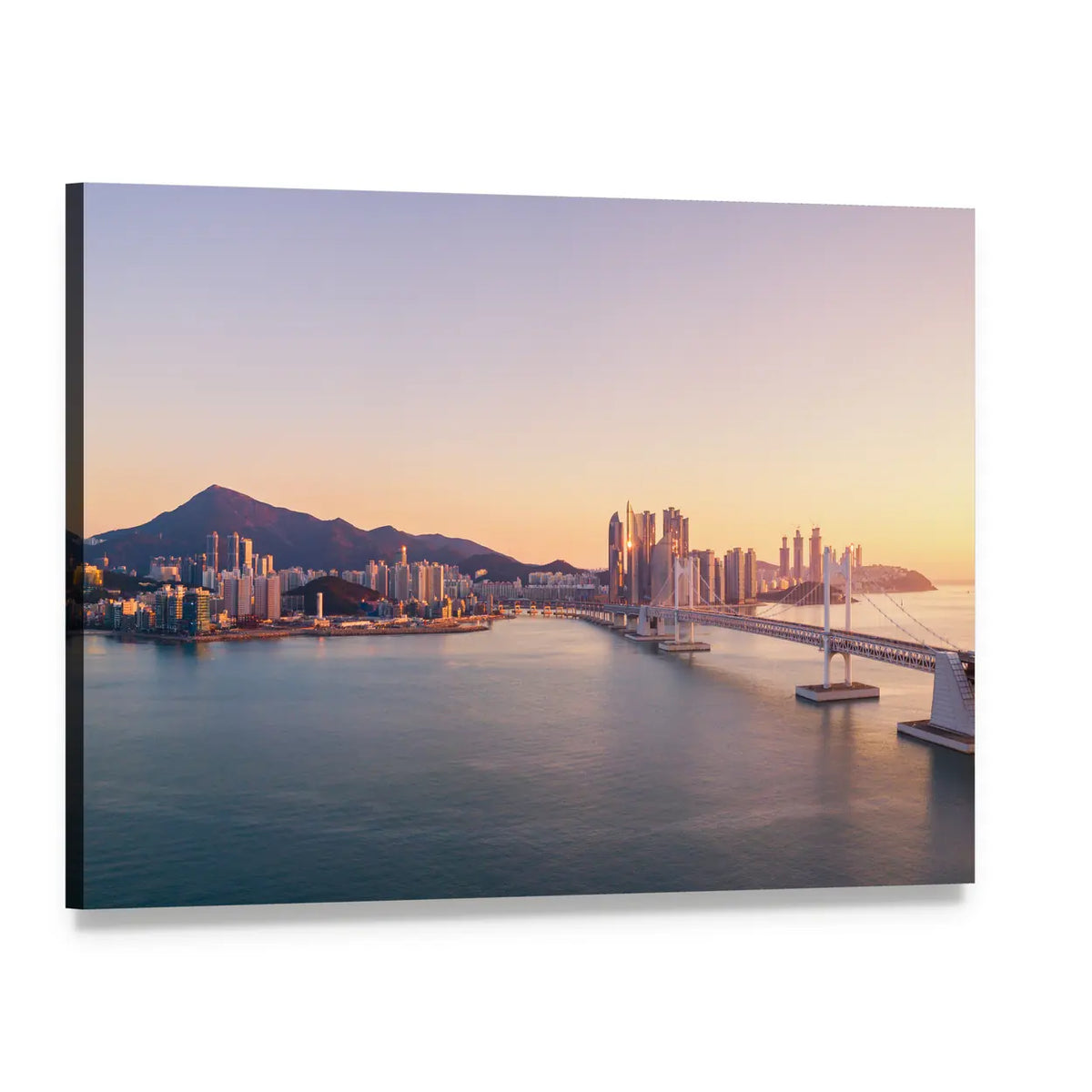 Aerial City Bridge at Sunset Canvas Wall Art, single panel gallery wrapped canvas, angled product view