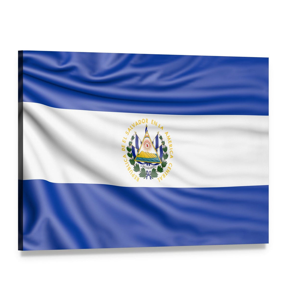 El Salvador Flag with Coat of Arms Canvas Wall Art, single panel gallery wrapped canvas, angled product view
