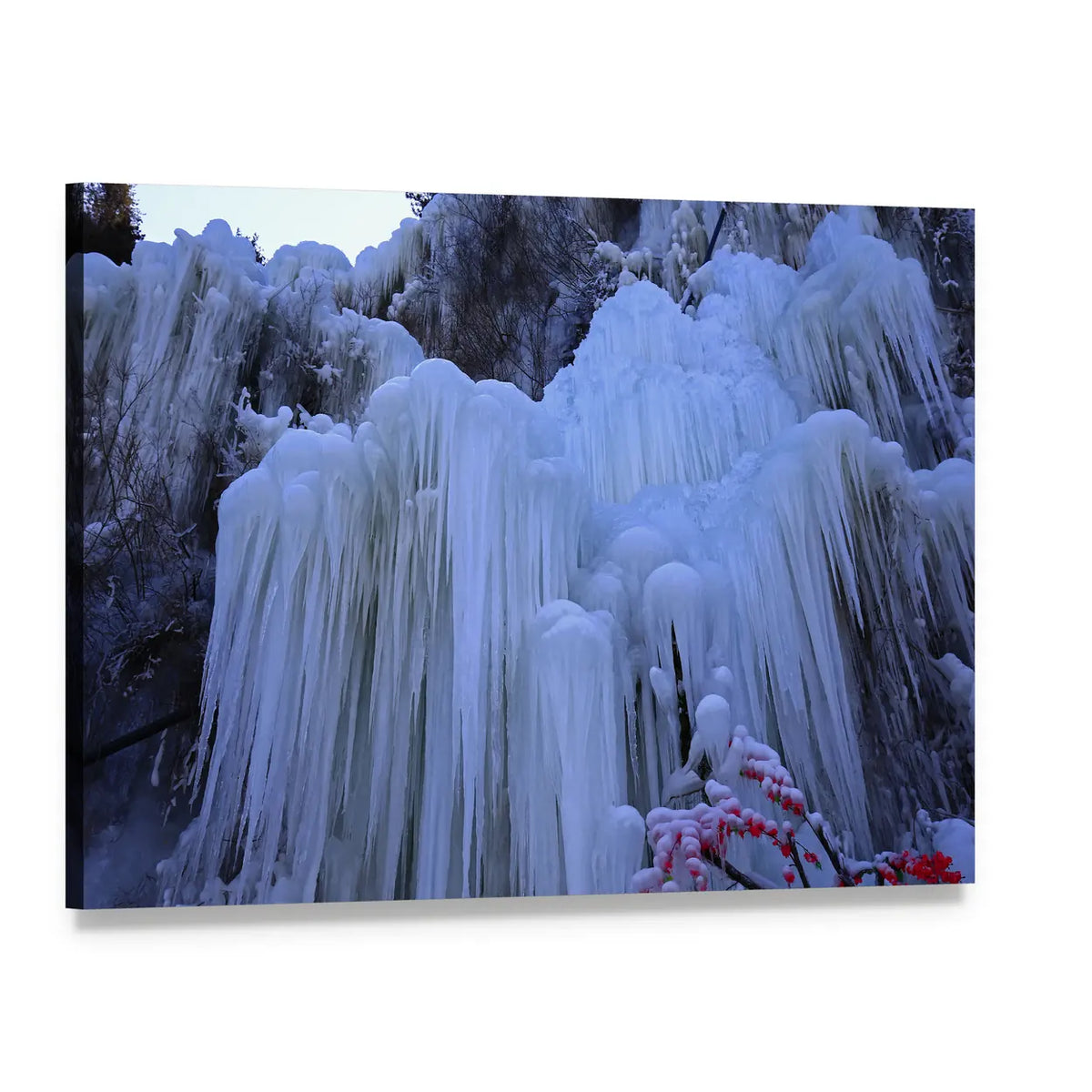 Ice Waterfall in Winter Canvas Wall Art, single panel gallery wrapped canvas, angled product view