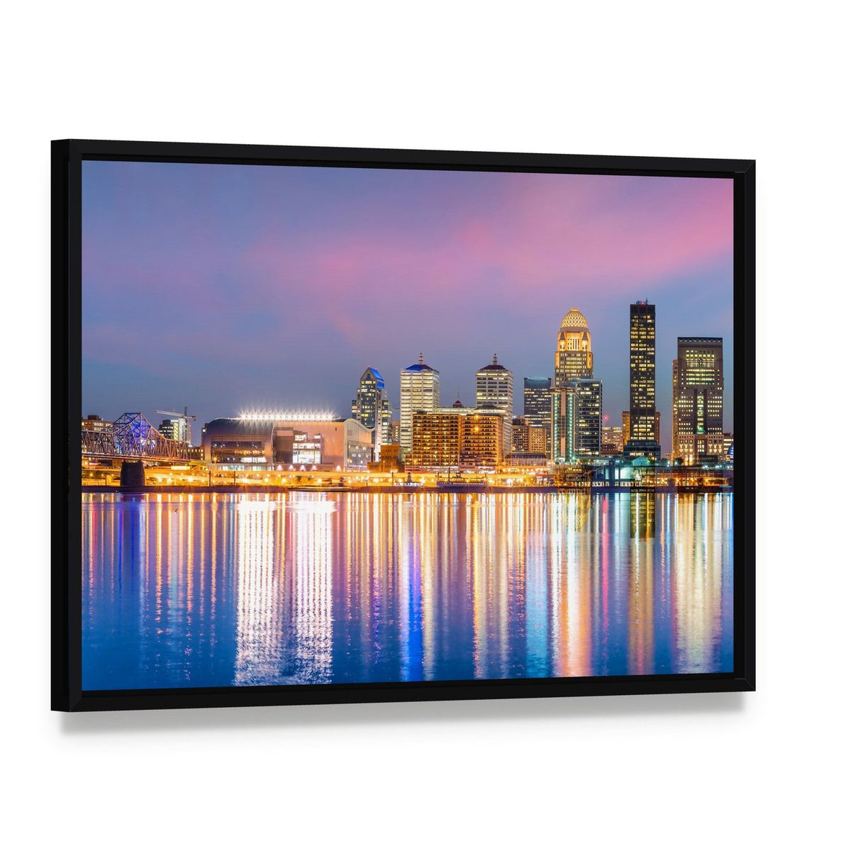 Downtown Louisville Skyline Canvas Wall Art, framed canvas in a black floater frame, angled product view