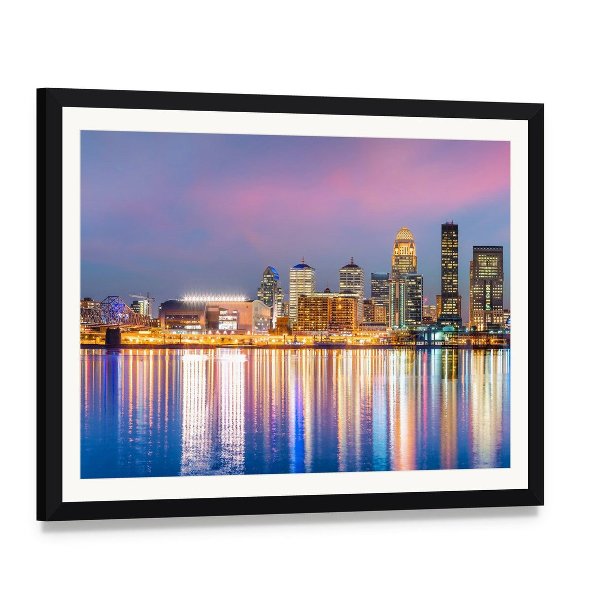Downtown Louisville Skyline Canvas Wall Art, framed print with white mat and black frame, angled product view