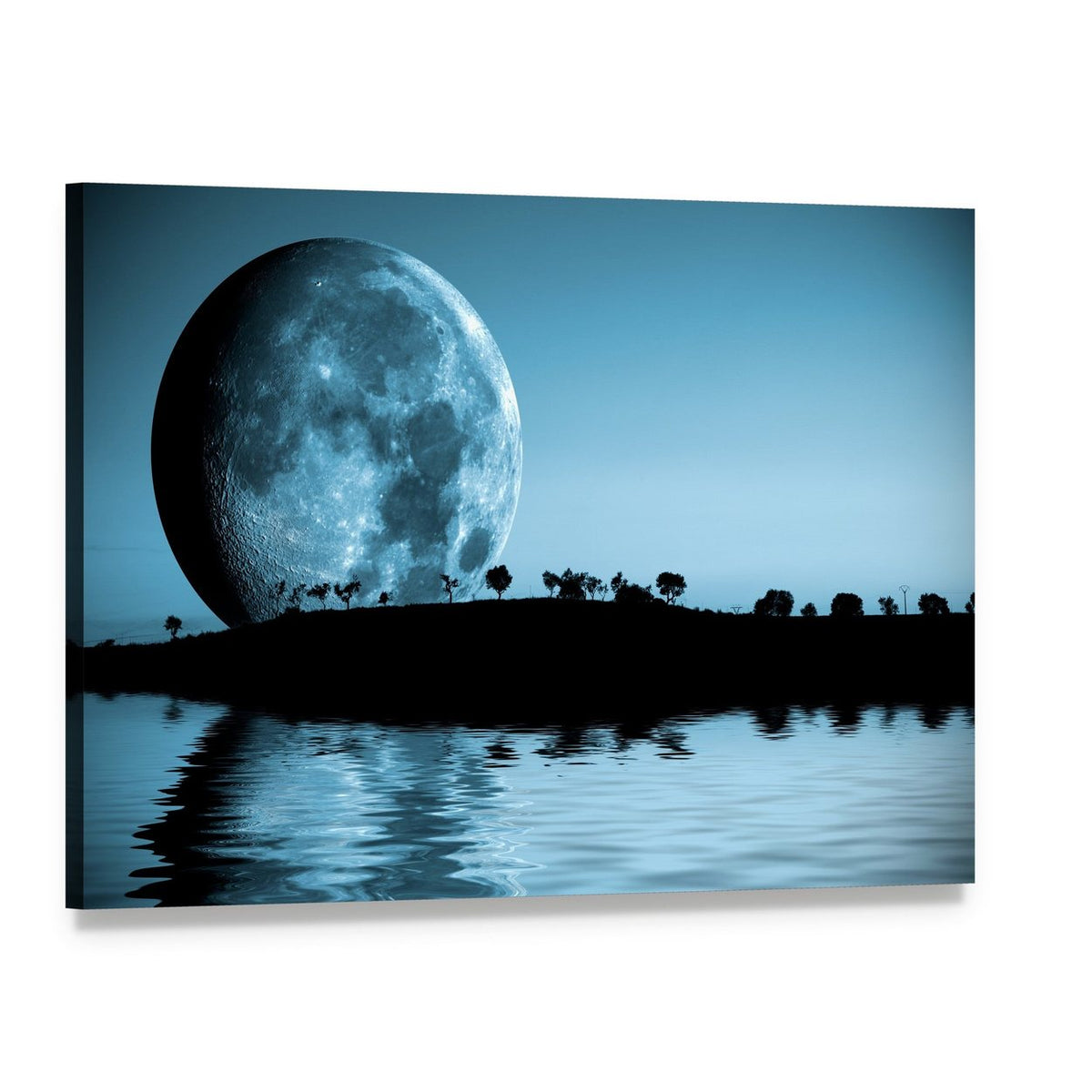 Full Moon and Lake Reflection Canvas Wall Art, single panel gallery wrapped canvas, angled product view