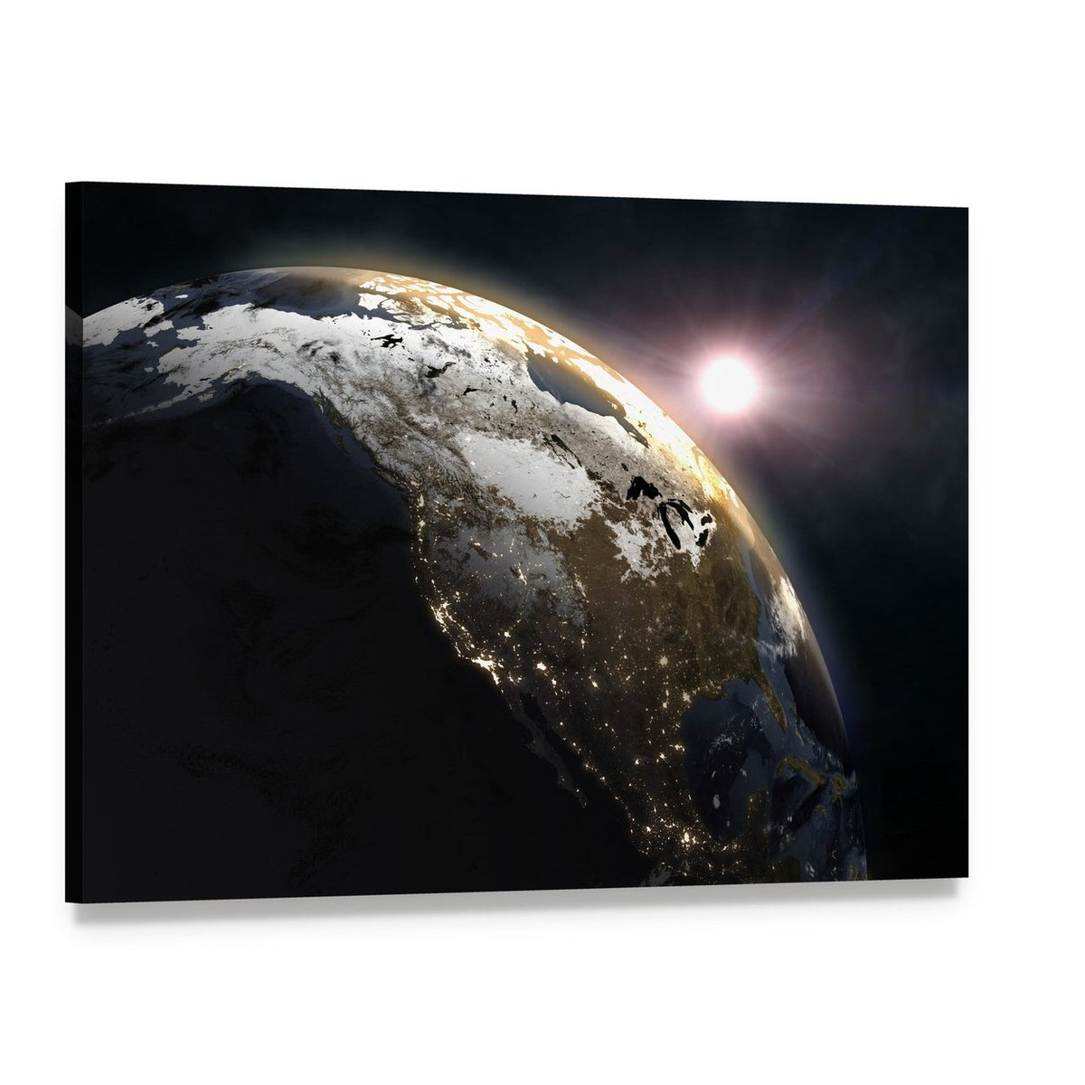 Sunrise Over Earth Canvas Wall Art, single panel gallery wrapped canvas, angled product view