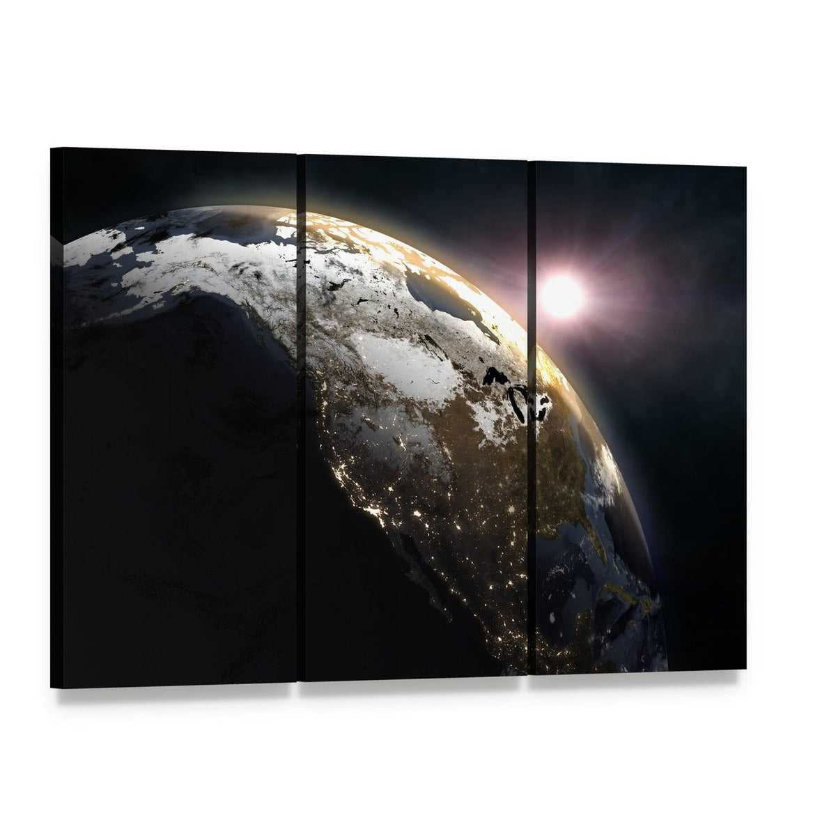 Sunrise Over Earth Canvas Wall Art, 3 panel 3 Horizontal layout gallery wrapped canvas set, angled product view