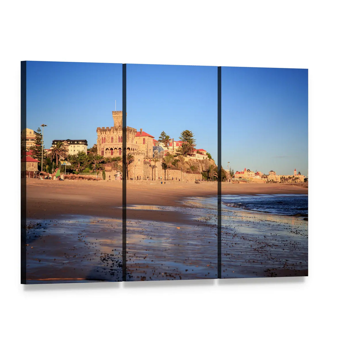 Praia Do Tamariz Beach with Hilltop Castle Canvas Wall Art, 3 panel 3 Horizontal layout gallery wrapped canvas set, angled product view
