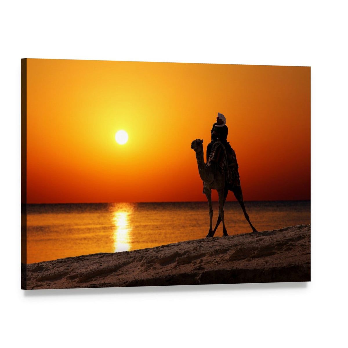 Camel and Rider Silhouette at Sunset Canvas Wall Art, single panel gallery wrapped canvas, angled product view