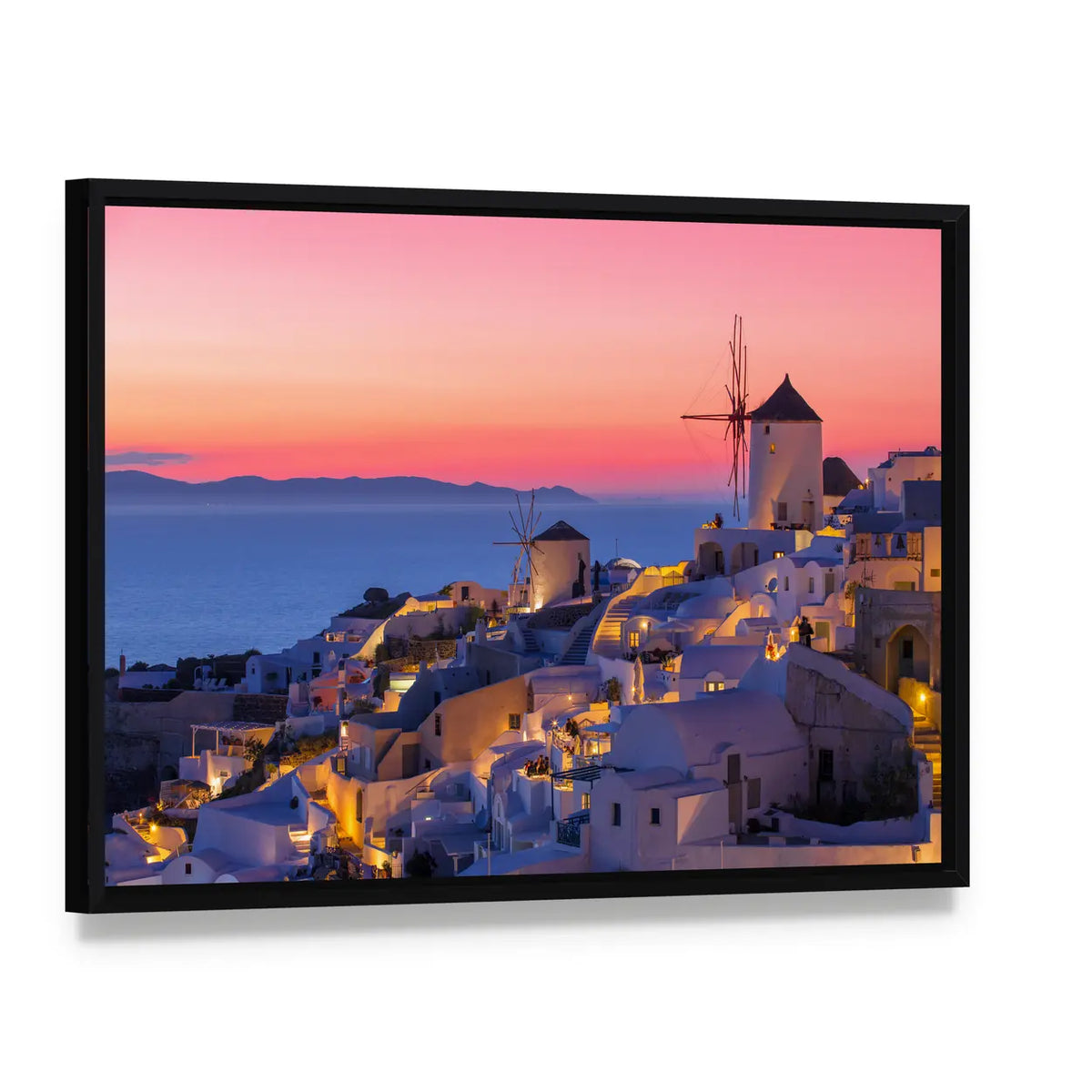 Sunset in Santorini Canvas Wall Art, framed canvas in a black floater frame, angled product view