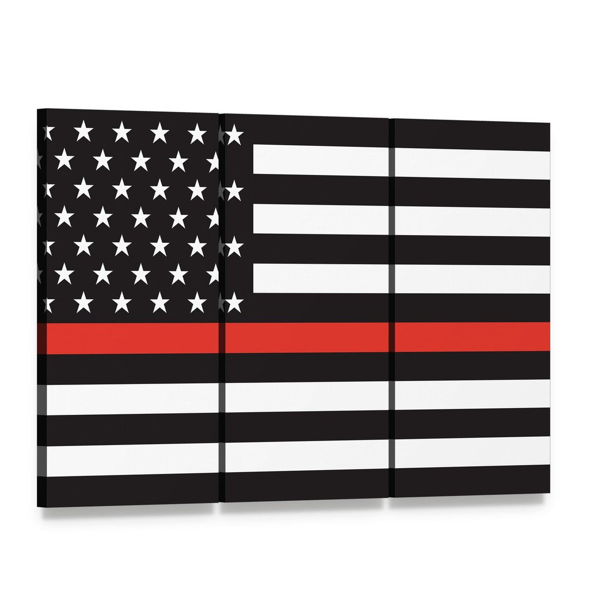Thin Red Line American Firefighters Flag Canvas Wall Art, 3 panel 3 Horizontal layout gallery wrapped canvas set, angled product view