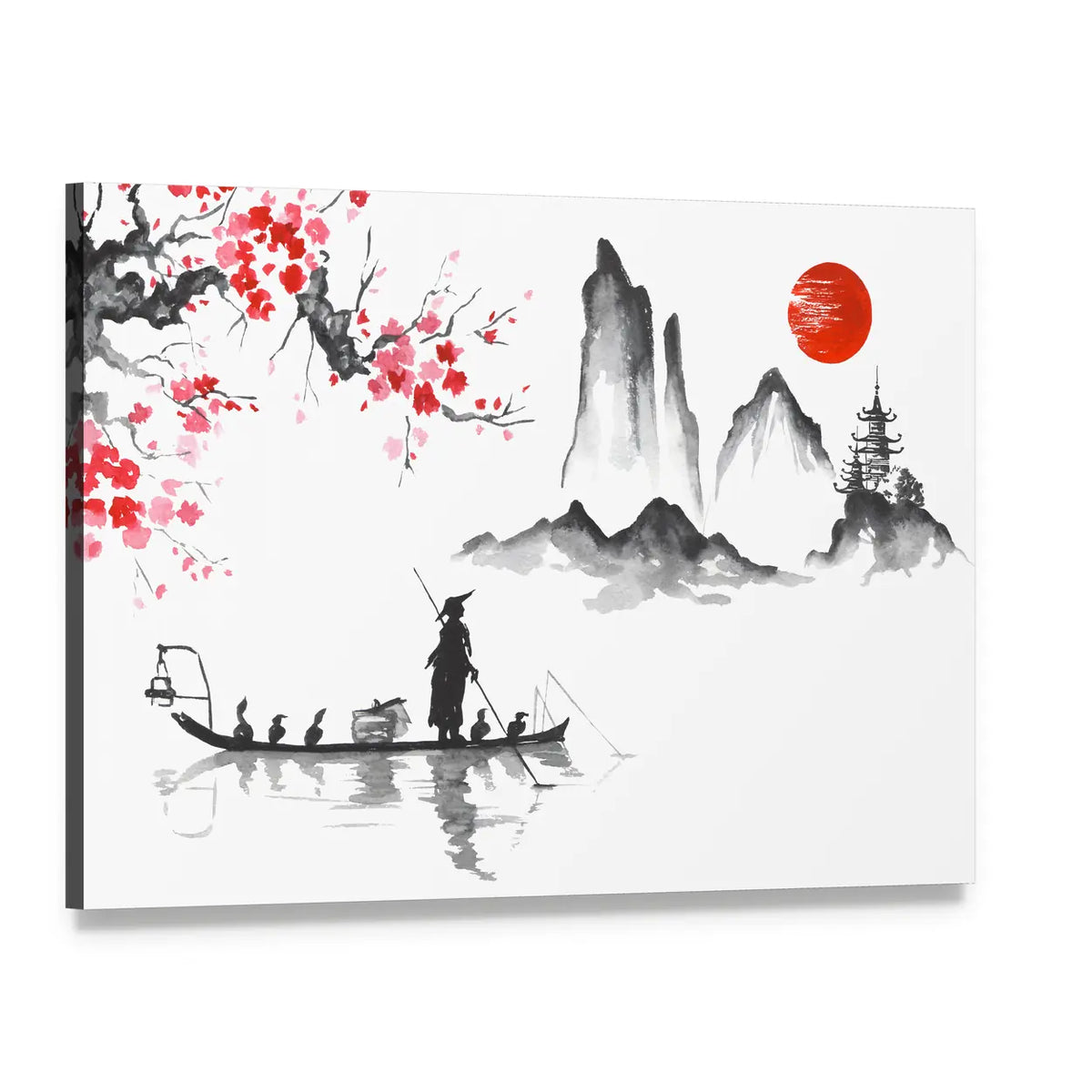 Japanese Ink Wash Fisherman at Sunrise Canvas Wall Art, single panel gallery wrapped canvas, angled product view