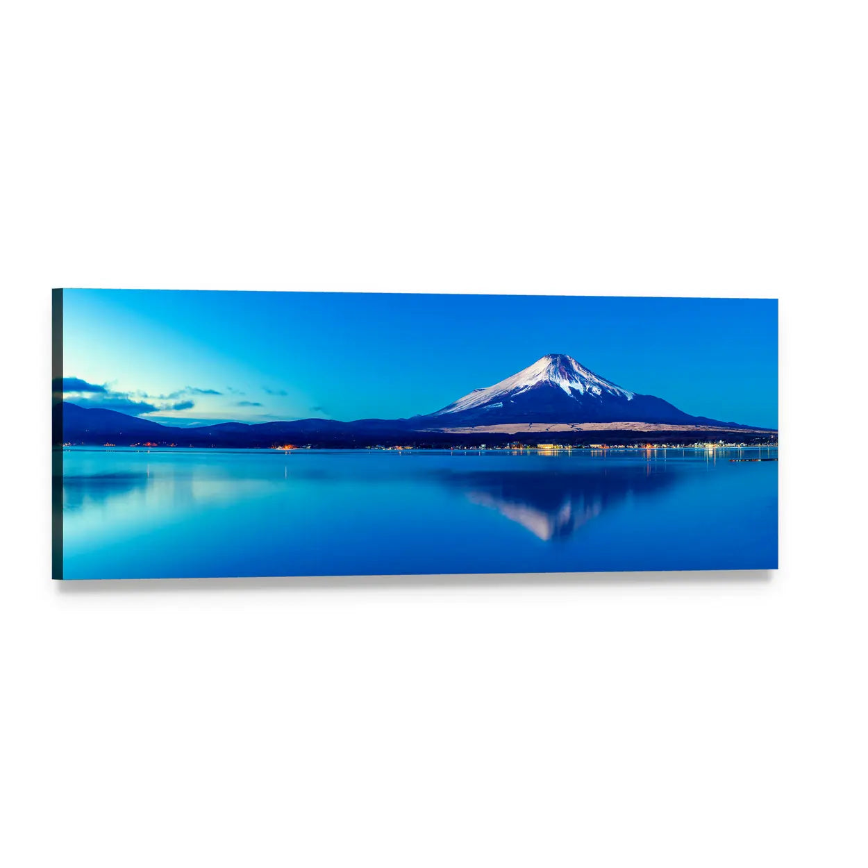 Mount Fuji Reflection at Lake Yamanaka Panoramic Canvas Wall Art, single panel gallery wrapped canvas, angled product view