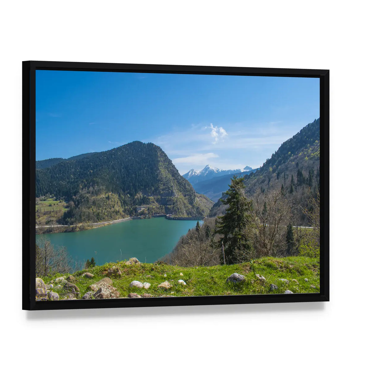 View of Plastiras Lake Canvas Wall Art, framed canvas in a black floater frame, angled product view