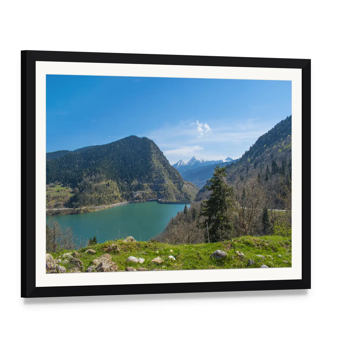 View of Plastiras Lake Canvas Wall Art, framed print with white mat and black frame, angled product view