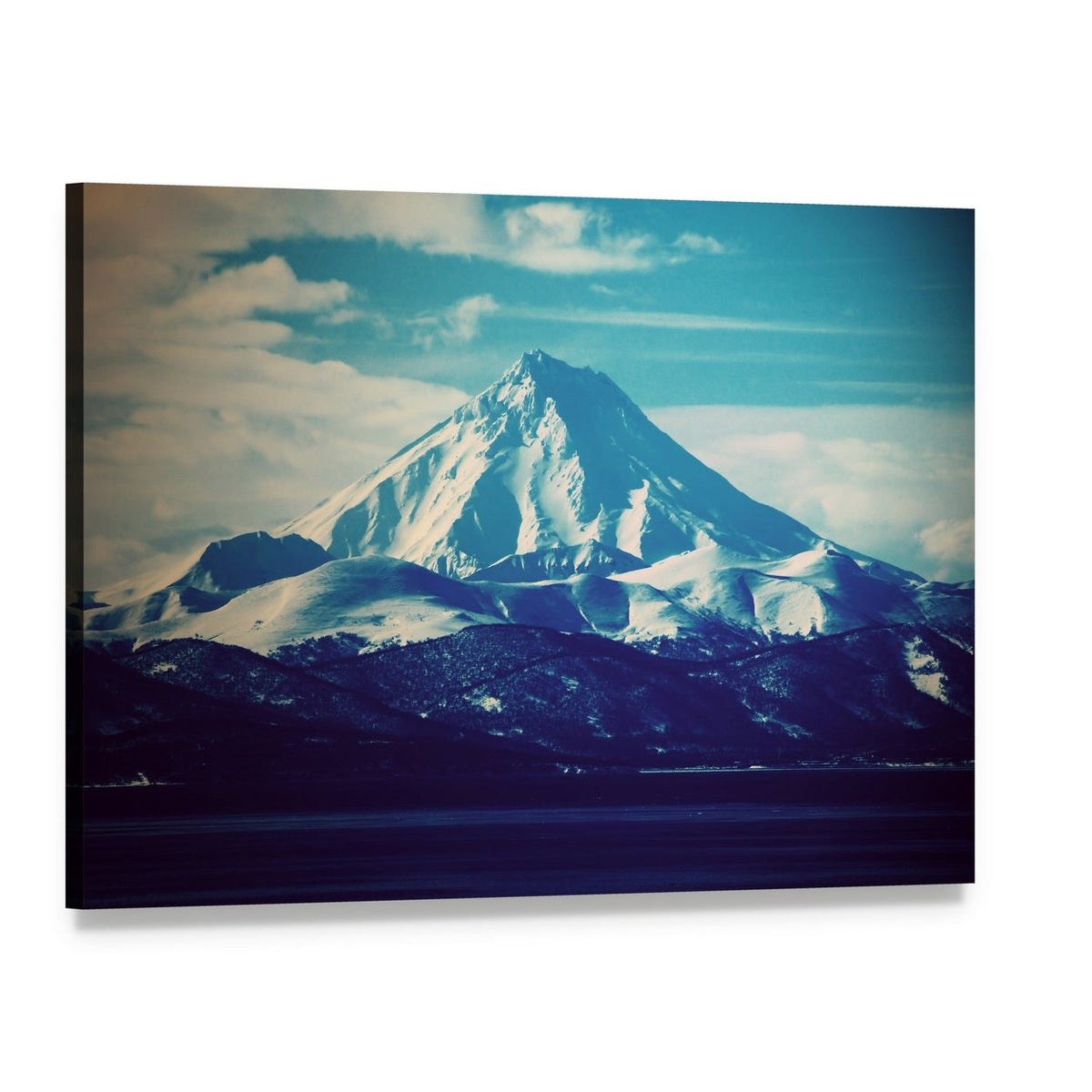 Snow-capped Mountain Over Dark Lake Canvas Wall Art, single panel gallery wrapped canvas, angled product view
