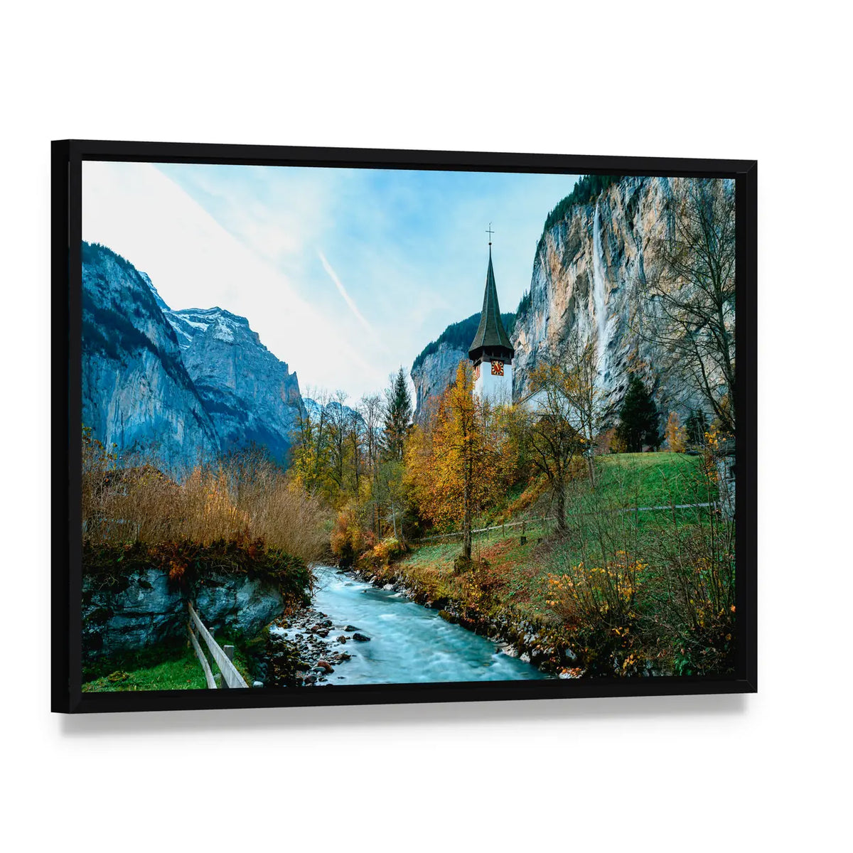 Lauterbrunnen Village in Swiss Alps Canvas Wall Art, framed canvas in a black floater frame, angled product view