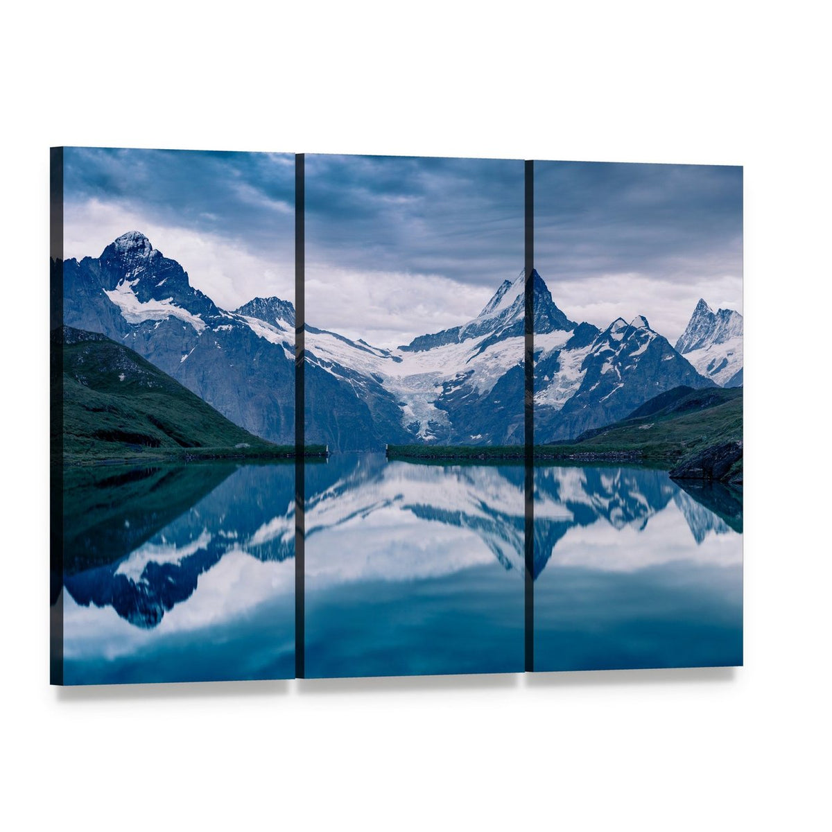 Lake Bachalpsee Reflection Canvas Wall Art, 3 panel 3 Horizontal layout gallery wrapped canvas set, angled product view