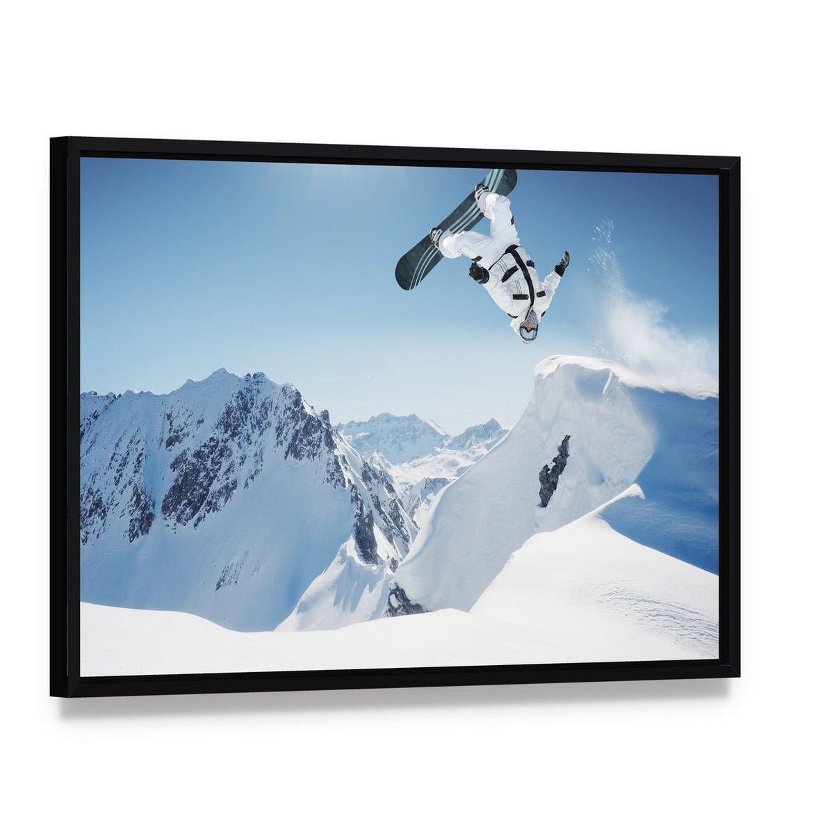 Snowboard Jump Canvas Wall Art, framed canvas in a black floater frame, angled product view