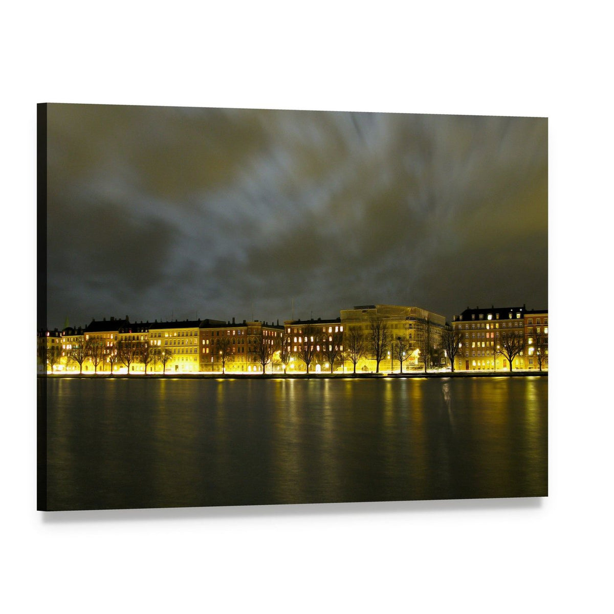 Copenhagen Night Sky with Reflections Canvas Wall Art, single panel gallery wrapped canvas, angled product view
