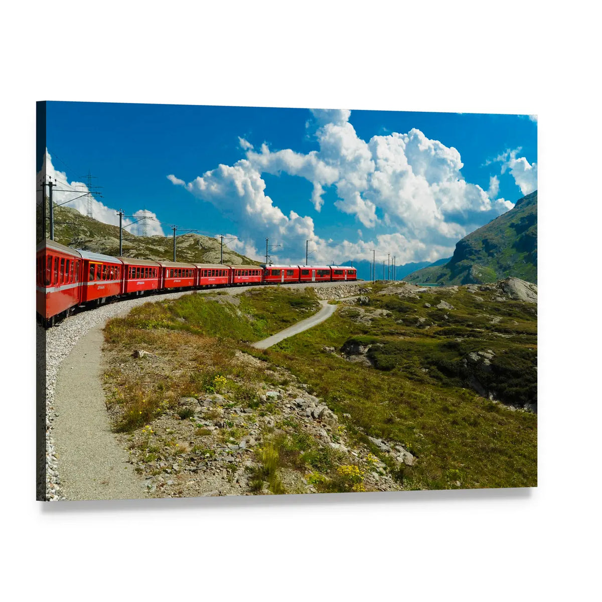 Red Passenger Train in Swiss Mountains Canvas Wall Art, single panel gallery wrapped canvas, angled product view
