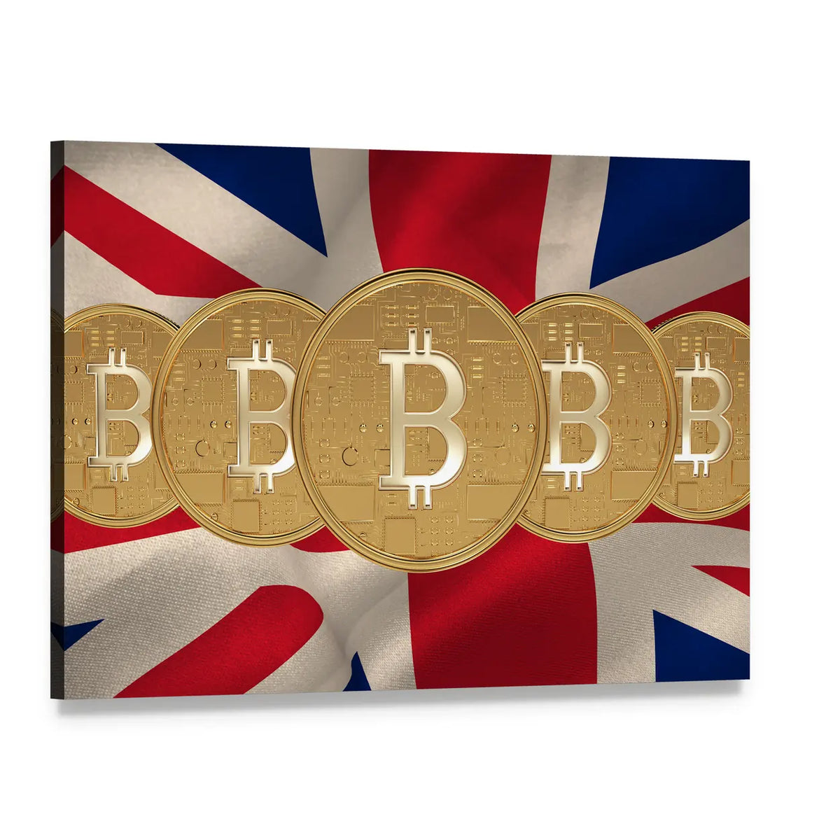 Four Gold Bitcoin Coins on Union Jack Canvas Wall Art, single panel gallery wrapped canvas, angled product view