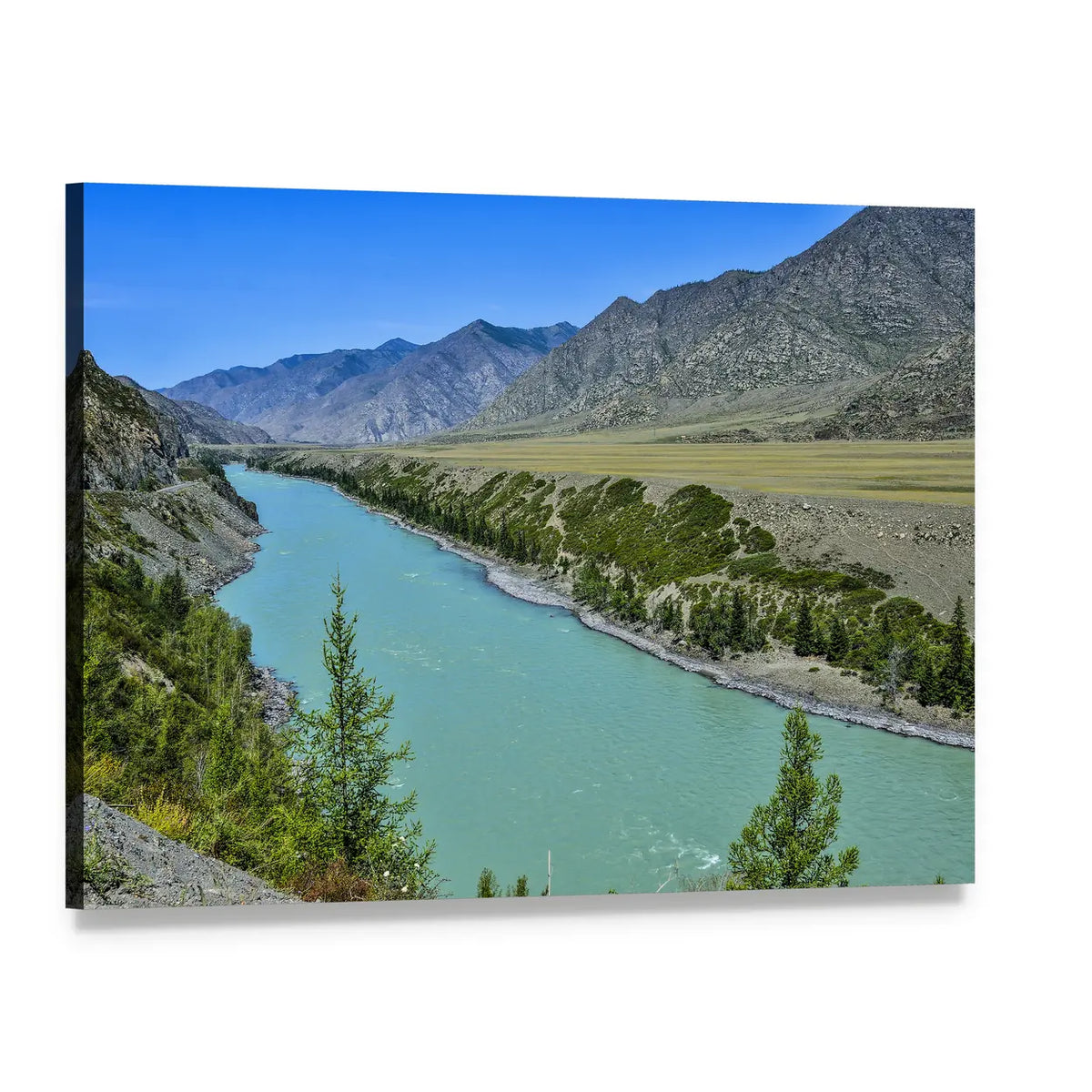 Turquoise River Through Mountain Valley Canvas Wall Art, single panel gallery wrapped canvas, angled product view