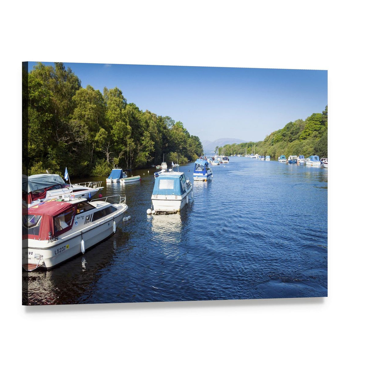 Boats Docked on a Tree-lined Lake Canvas Wall Art, single panel gallery wrapped canvas, angled product view