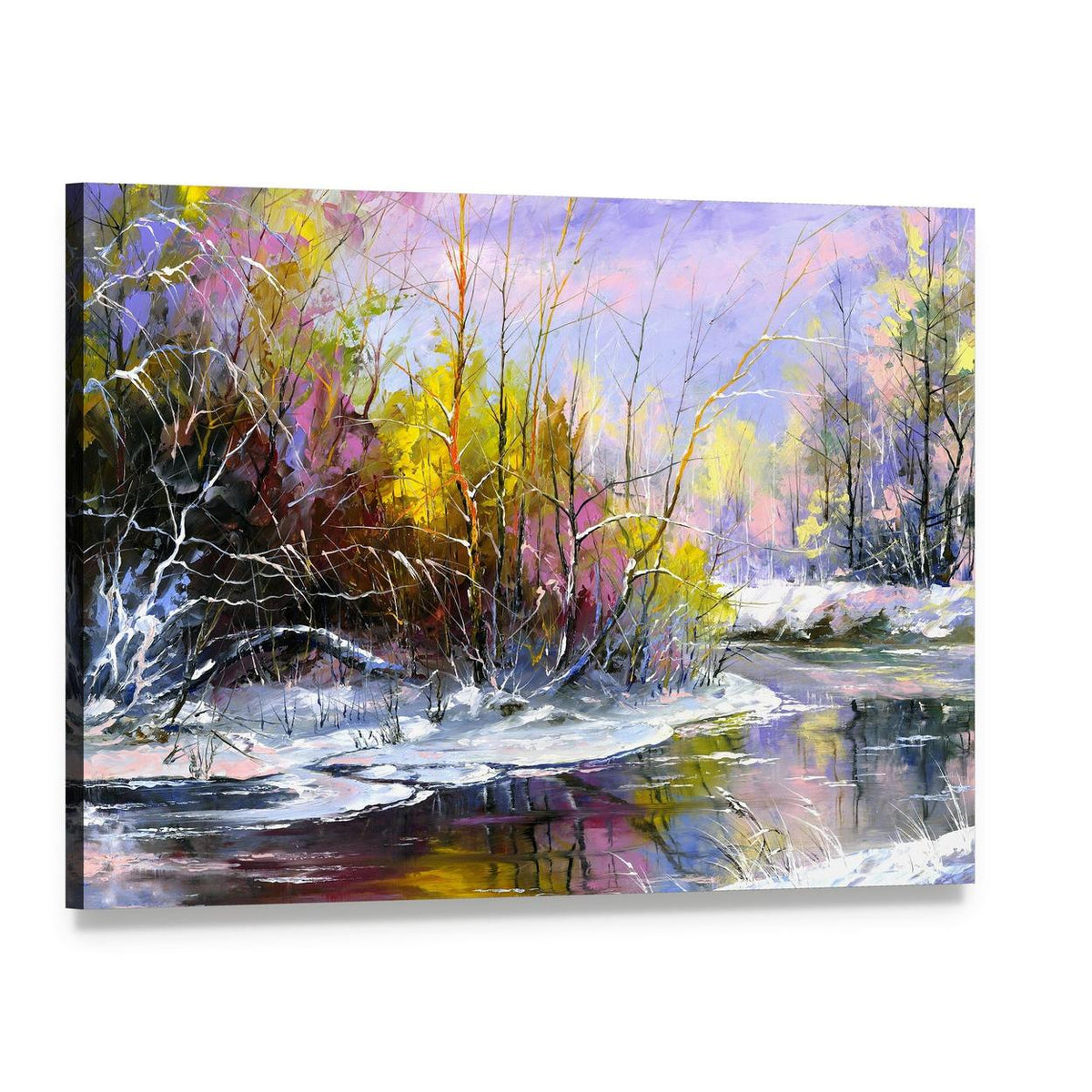 Winter River with Snowy Trees Canvas Wall Art, single panel gallery wrapped canvas, angled product view