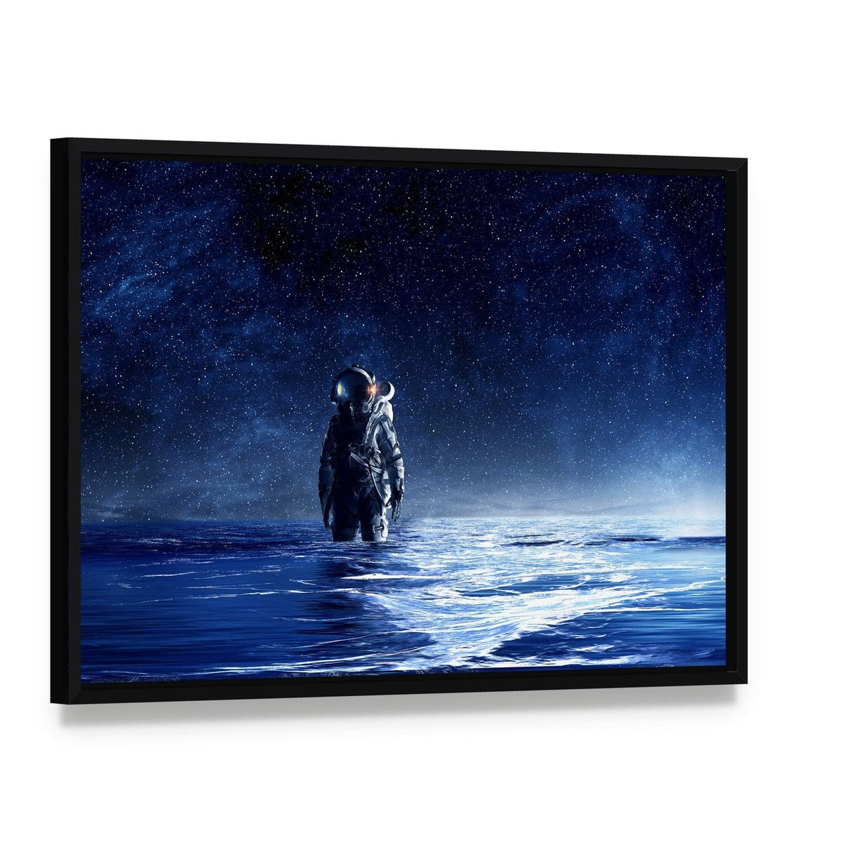 Astronaut Standing in Water Canvas Wall Art, framed canvas in a black floater frame, angled product view