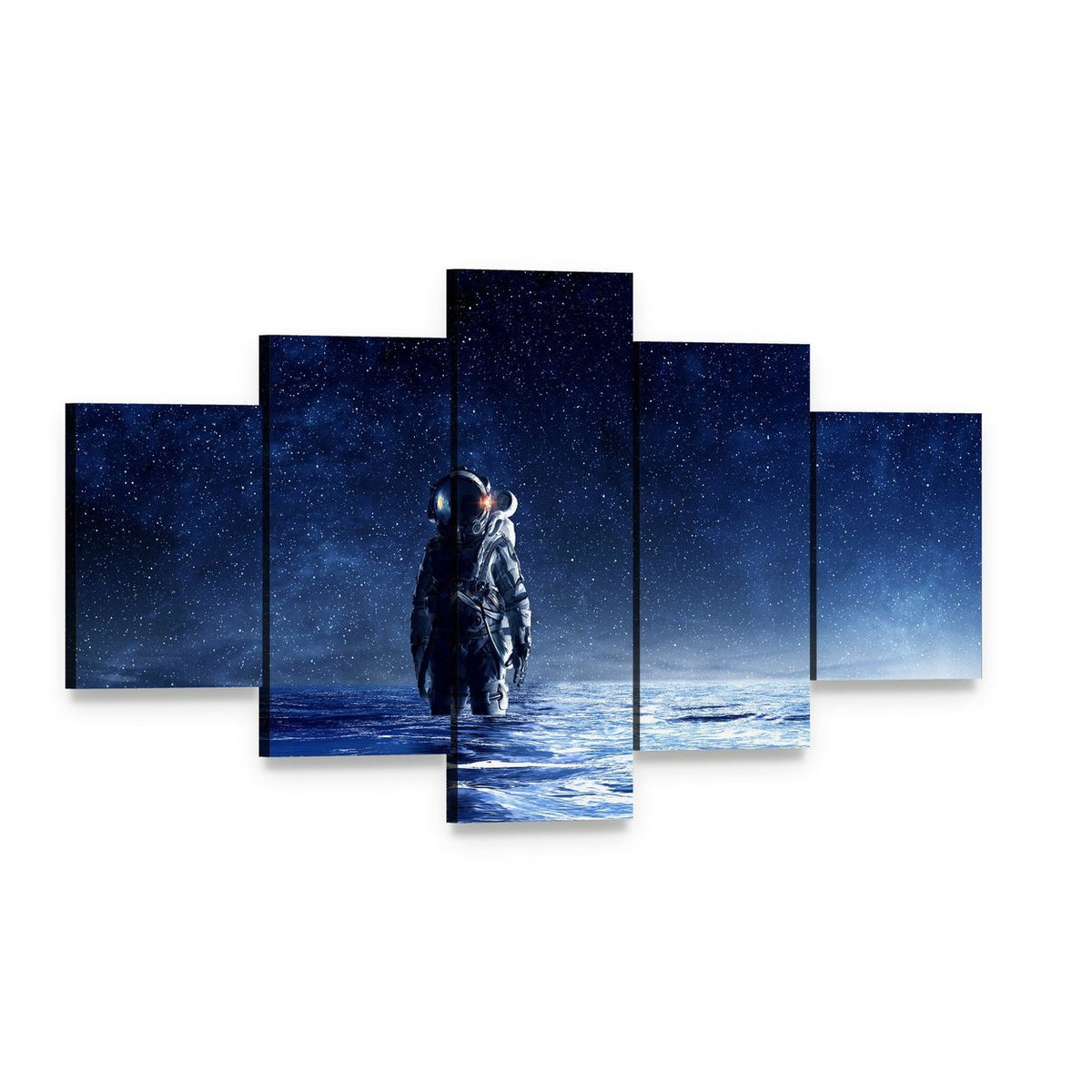 Astronaut Standing in Water Canvas Wall Art, 5 panel 5 Star layout gallery wrapped canvas set, angled product view