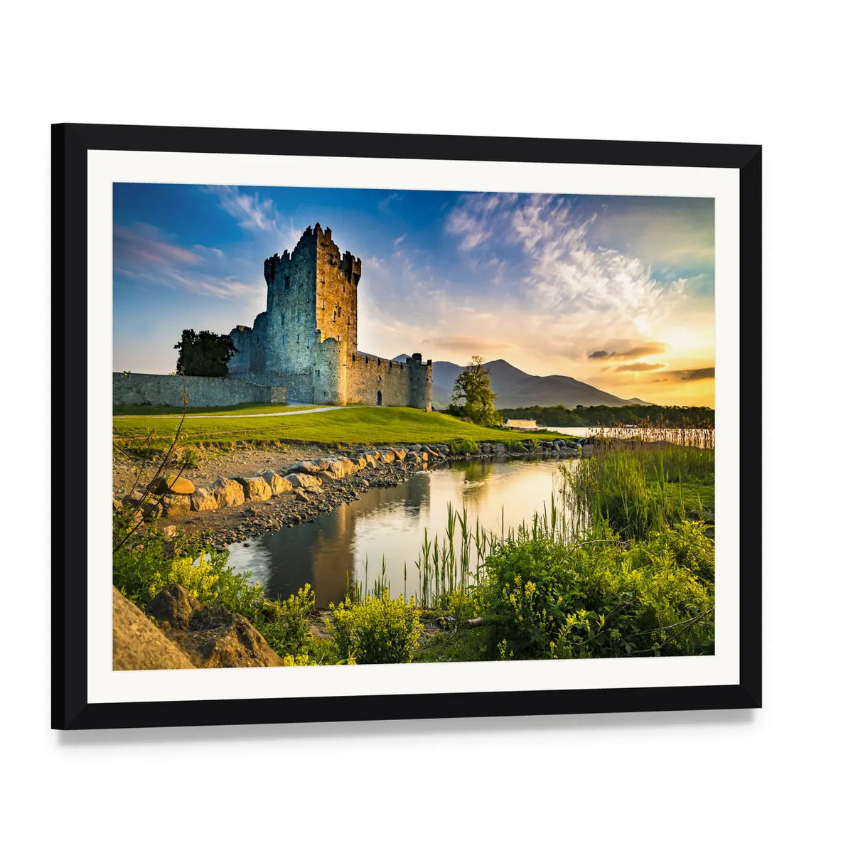 Ross Castle at Sunset Canvas Wall Art, framed print with white mat and black frame, angled product view