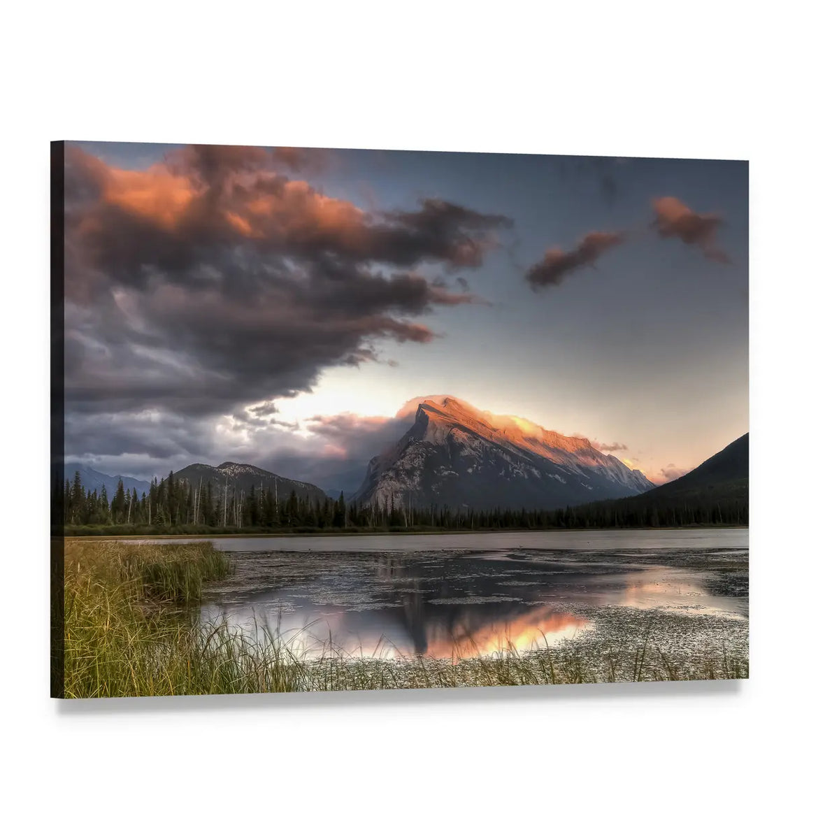Clouds Over Mountain Lake at Sunset Canvas Wall Art, single panel gallery wrapped canvas, angled product view