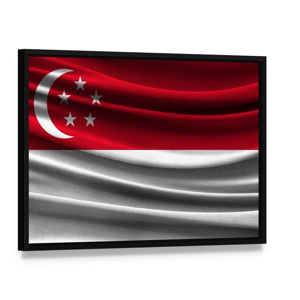 Singapore Flag with Crescent and Stars Canvas Wall Art, framed canvas in a black floater frame, angled product view