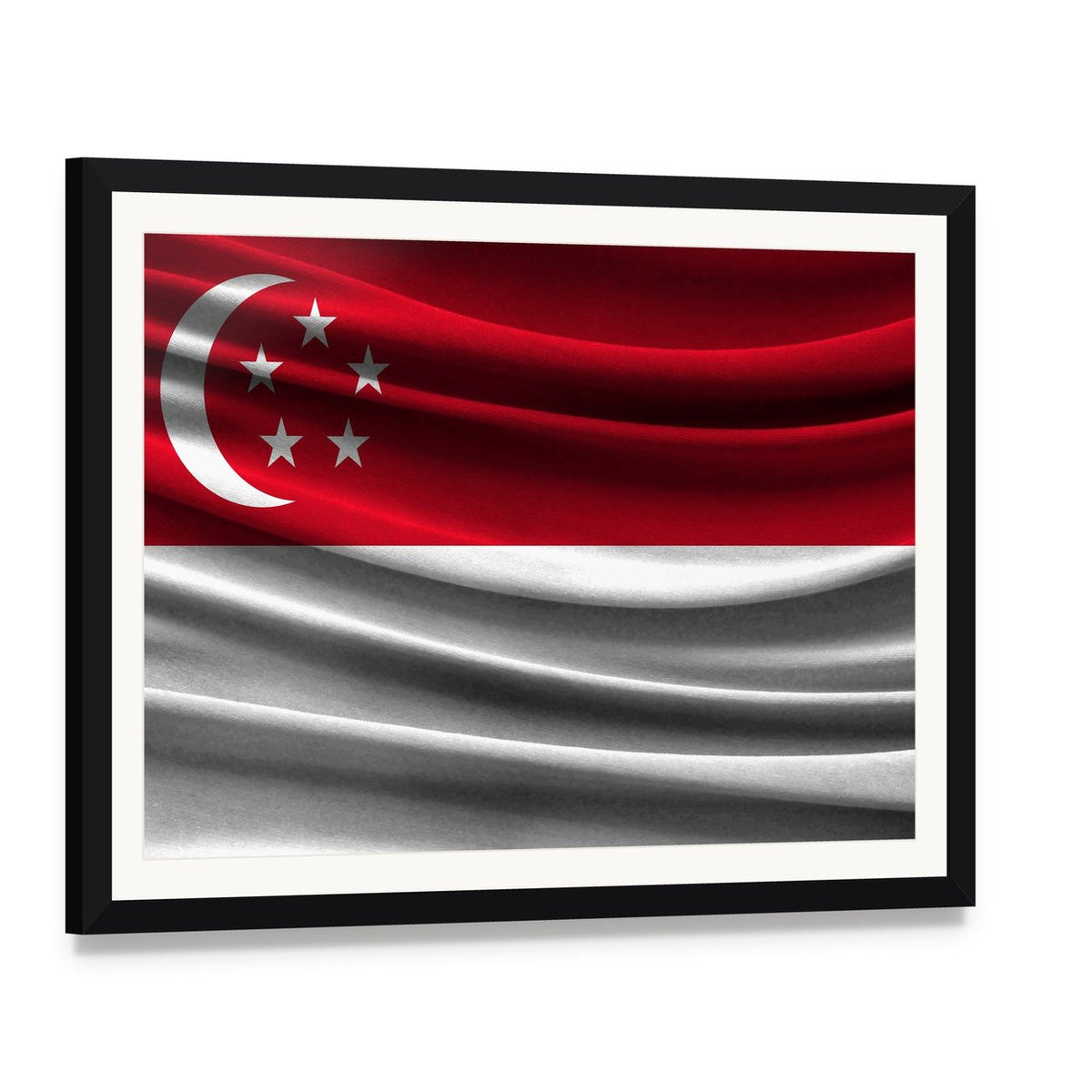 Singapore Flag with Crescent and Stars Canvas Wall Art, framed print with white mat and black frame, angled product view