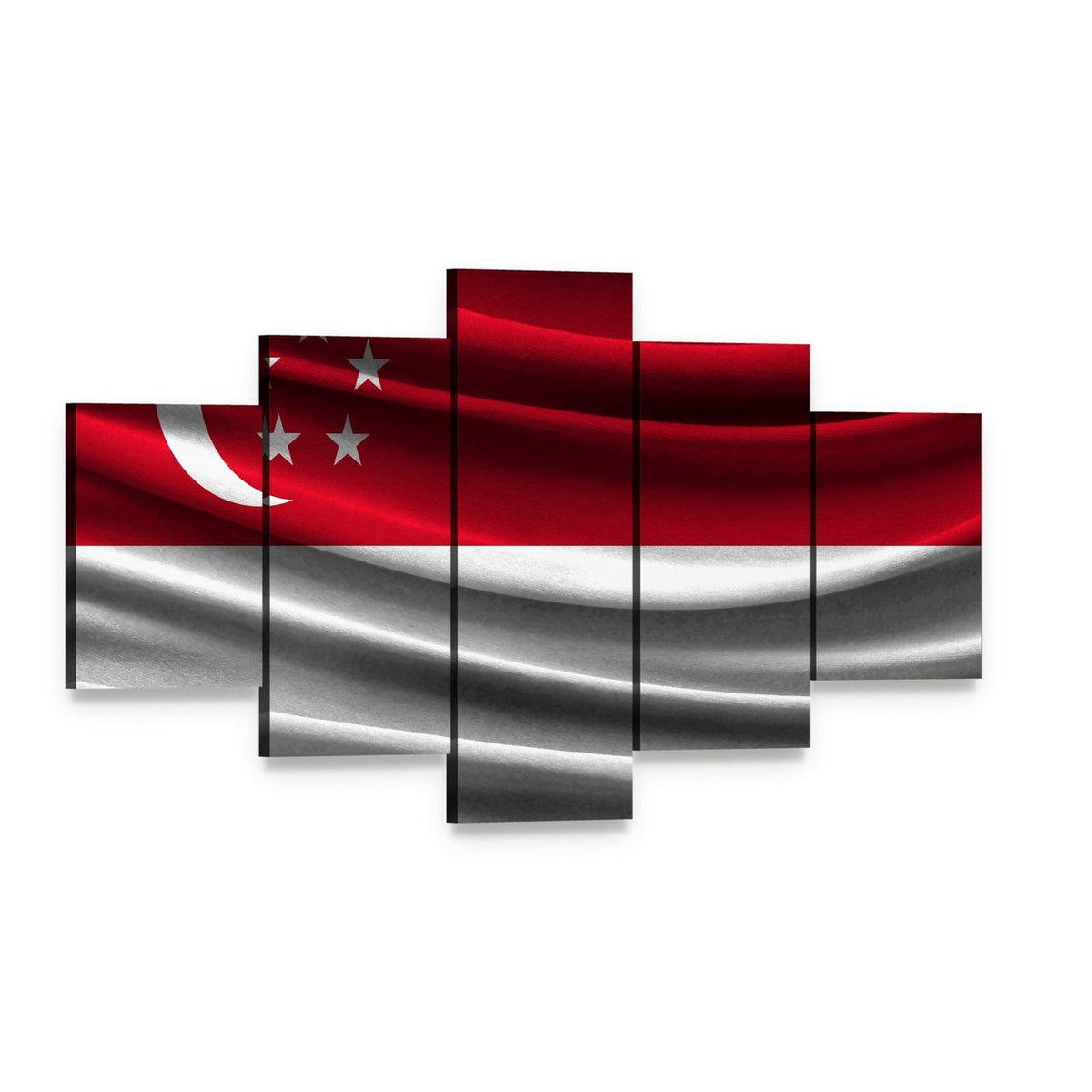Singapore Flag with Crescent and Stars Canvas Wall Art, 5 panel 5 Star layout gallery wrapped canvas set, angled product view