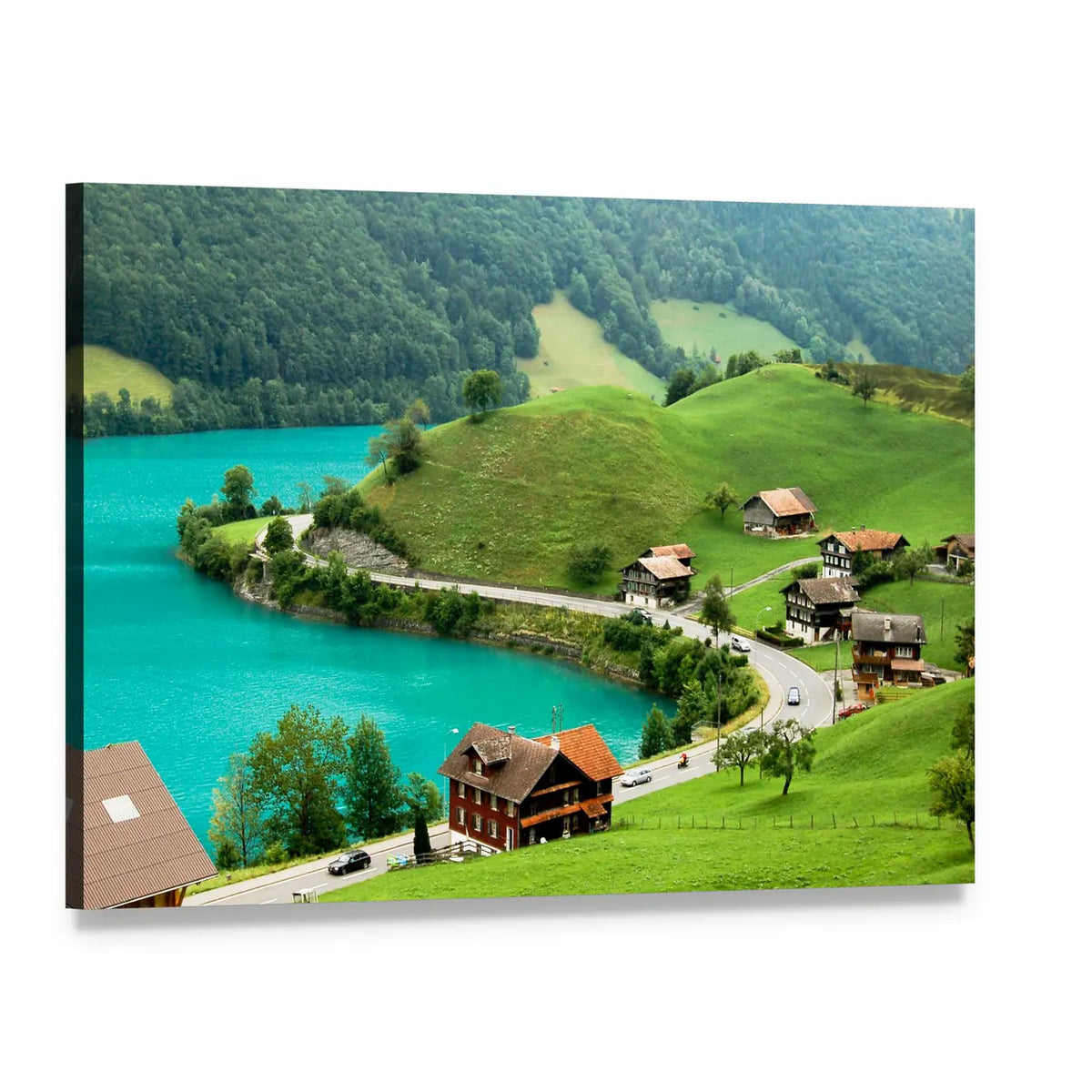 Lake Brienz Spring Landscape Canvas Wall Art, single panel gallery wrapped canvas, angled product view