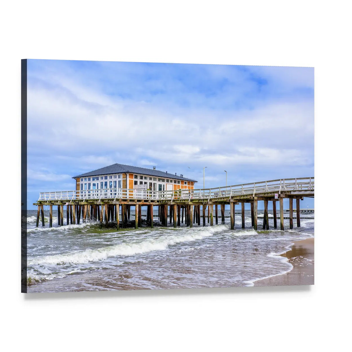 Wooden Pier by Crashing Waves Canvas Wall Art, single panel gallery wrapped canvas, angled product view