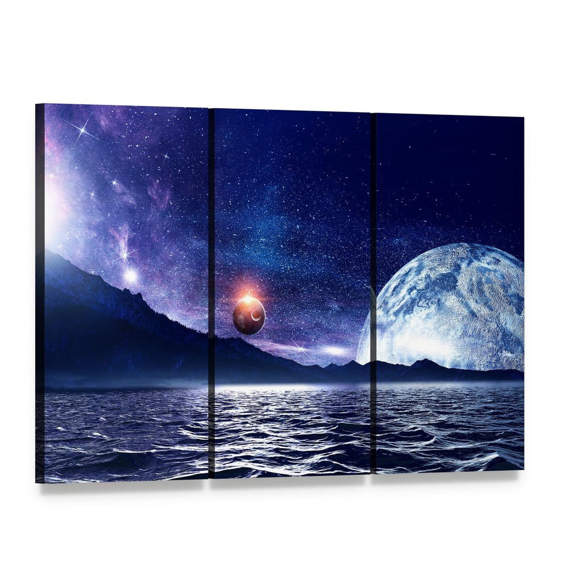 Glowing Planet Over Starry Sea Canvas Wall Art, 3 panel 3 Horizontal layout gallery wrapped canvas set, angled product view
