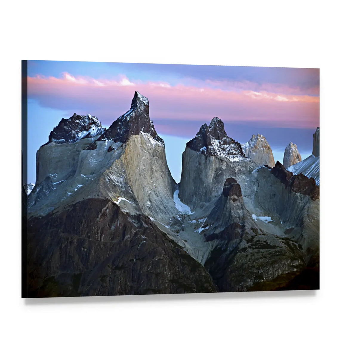 Torres Del Paine Mountain Peaks at Sunrise Canvas Wall Art, single panel gallery wrapped canvas, angled product view
