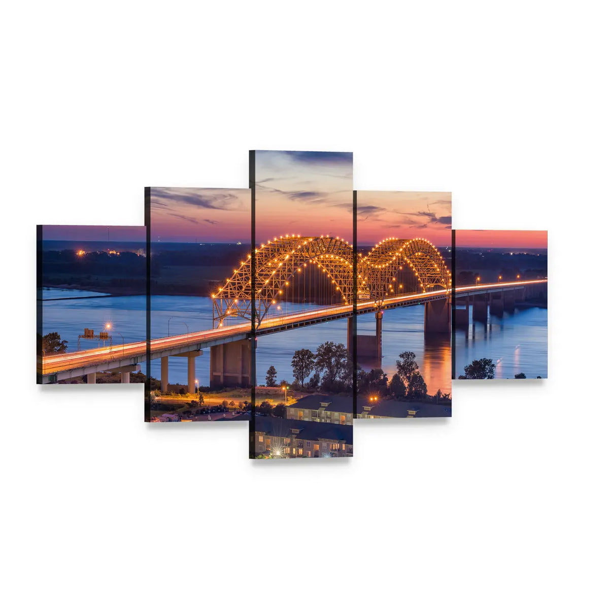 Hernando De Soto Bridge at Sunset Canvas Wall Art, 5 panel 5 Star layout gallery wrapped canvas set, angled product view