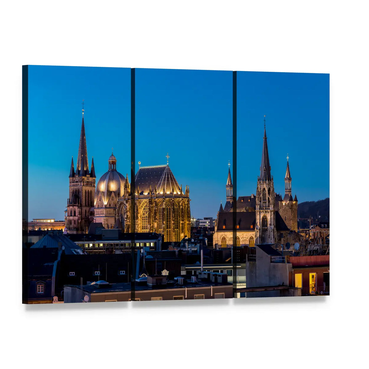 Aachen Cathedral at Dusk Canvas Wall Art, 3 panel 3 Horizontal layout gallery wrapped canvas set, angled product view
