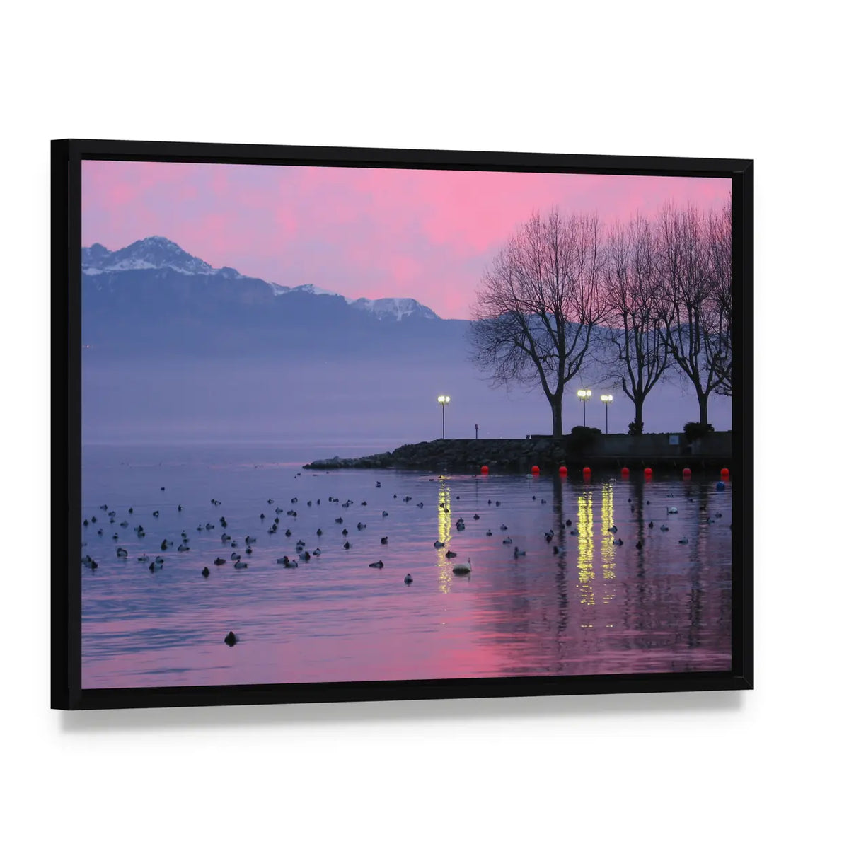 Sunset On Lake Geneva Canvas Wall Art, framed canvas in a black floater frame, angled product view