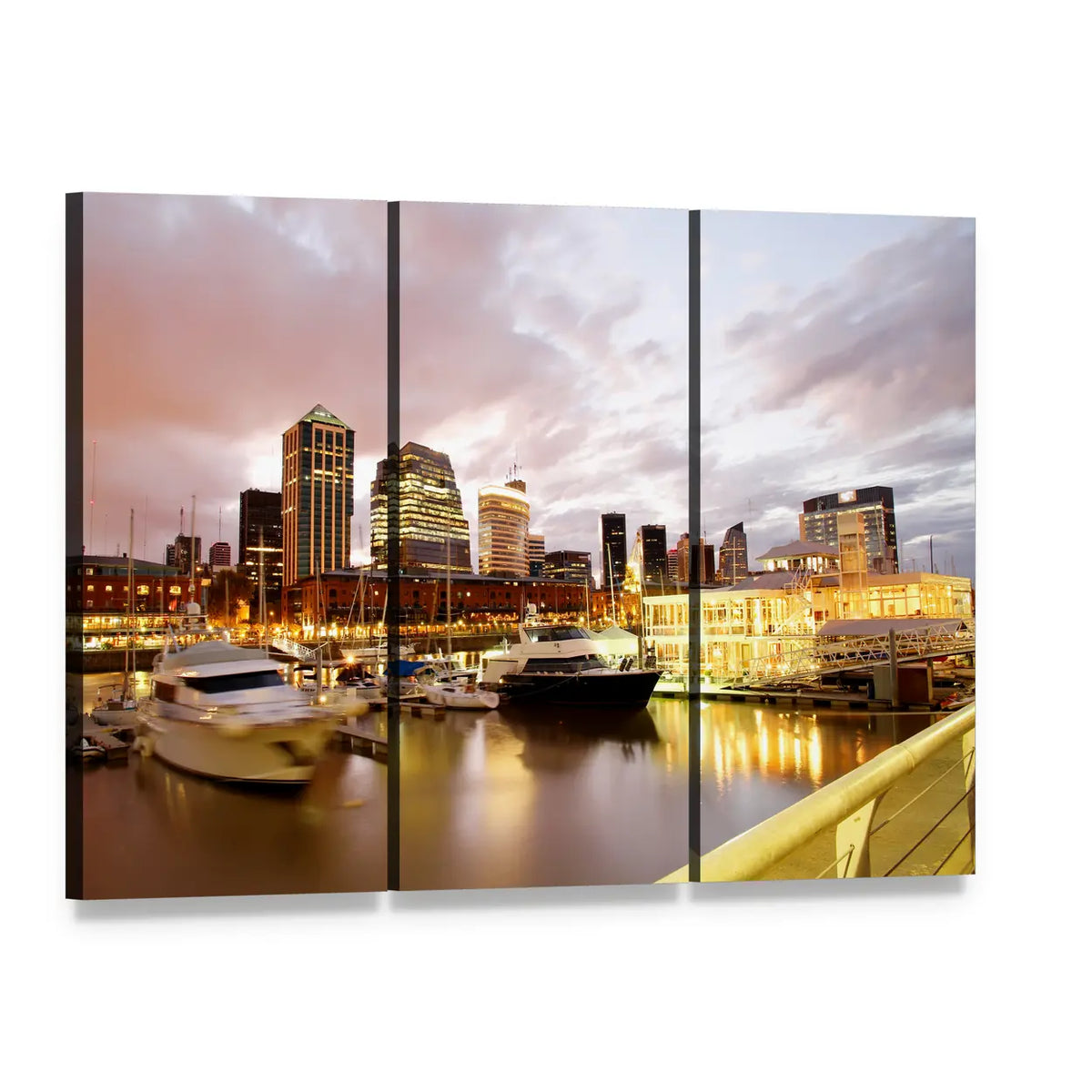 Puerto Madero Evening Skyline Canvas Wall Art, 3 panel 3 Horizontal layout gallery wrapped canvas set, angled product view