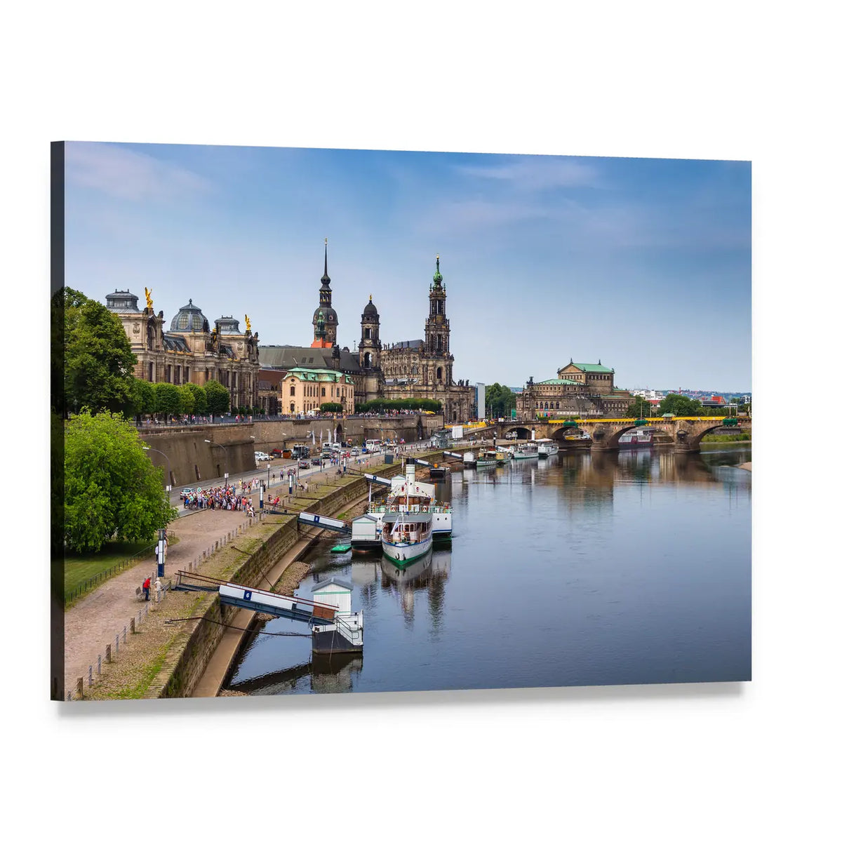 Dresden Elbe River Embankment Canvas Wall Art, single panel gallery wrapped canvas, angled product view