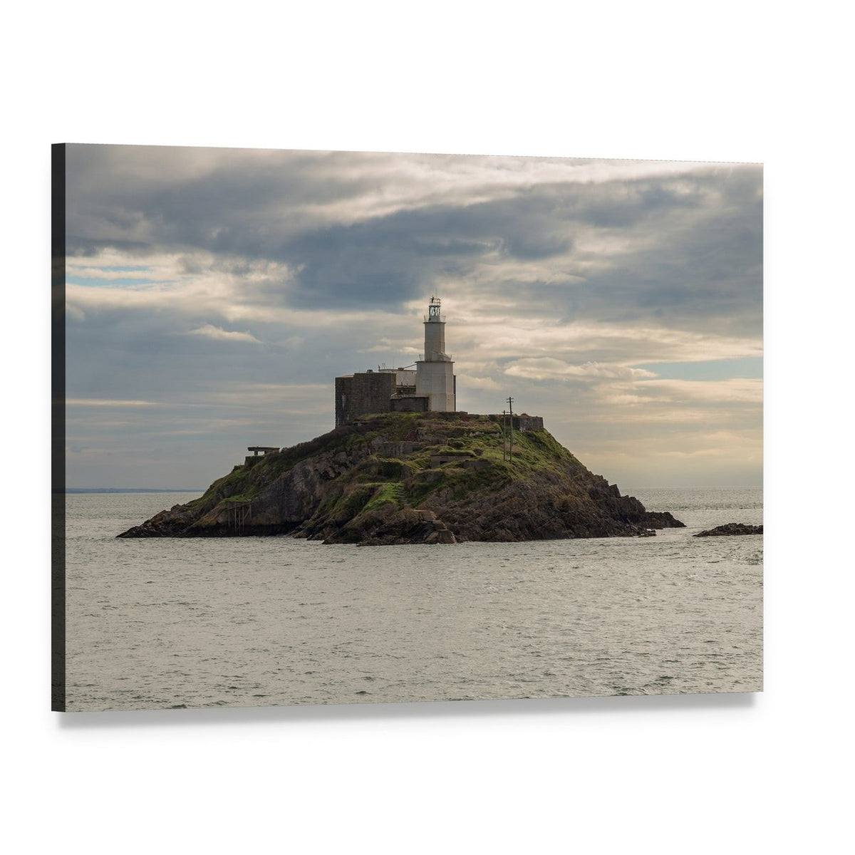 Mumbles Lighthouse on Coastal Island Canvas Wall Art, single panel gallery wrapped canvas, angled product view