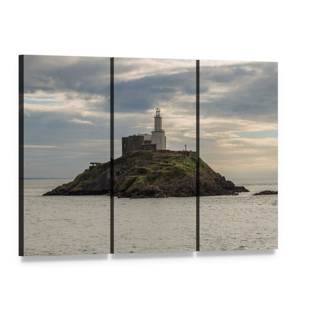 Mumbles Lighthouse on Coastal Island Canvas Wall Art, 3 panel 3 Horizontal layout gallery wrapped canvas set, angled product view
